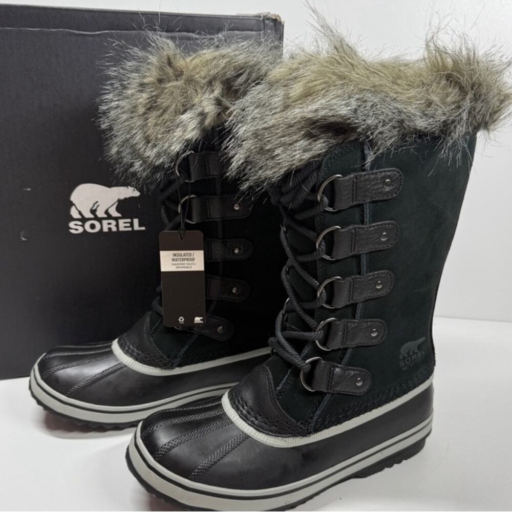 NIB Sorel Joan of Arctic Black Suede Leather Faux Fur Collar Winter Boots Size 8
